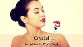  Presentation with piece of the pie - Beautiful slides featuring protein model - young naked woman eating piece backdrop and a  colored foreground