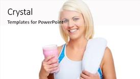  Presentation with protein shake - Colorful PPT layouts enhanced with happy young blond woman in blue sweater and sunglasses lying on the grass backdrop and a teal colored foreground