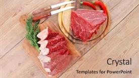  Presentation with fresh meat - Slide set with protein structure - fresh raw beef meat steak background and a coral colored foreground