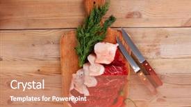  Presentation with fresh meat - PPT theme consisting of protein structure - fresh raw beef meat steak's background and a coral colored foreground
