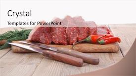  Presentation with fresh meat - Cool new PPT theme with protein structure - fresh raw beef meat steak's backdrop and a white colored foreground