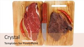  Presentation with beef meat soup stew - Colorful presentation theme enhanced with protein structure - grilled and raw beef steak backdrop and a coral colored foreground