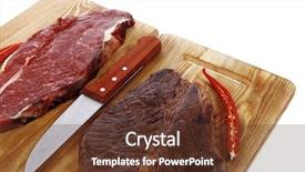  Presentation with raw meat beef veal shank - Presentation design enhanced with protein structure - grilled and raw beef steak background and a tawny brown colored foreground