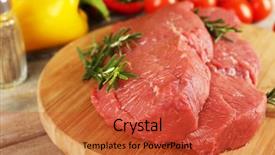  Presentation with cutting board - Slide deck enhanced with protein structure - raw beef steak on cutting background and a red colored foreground