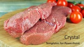  Presentation with raw meat beef veal shank - Theme consisting of protein structure - raw beef steak with cherry background and a  colored foreground