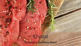  Presentation with cutting board - Cool new PPT layouts with protein structure - raw beef steak with rosemary backdrop and a red colored foreground