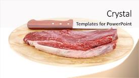  Presentation with raw meat - Audience pleasing PPT theme consisting of protein structure - raw meat beefsteak fillet backdrop and a sky blue colored foreground