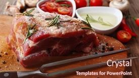  Presentation with raw meat - Presentation design enhanced with protein structure - raw meat on wooden table background and a tawny brown colored foreground