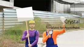  Presentation with virile young men - Colorful PPT theme enhanced with protestant reformation - protesting young men and building backdrop and a  colored foreground