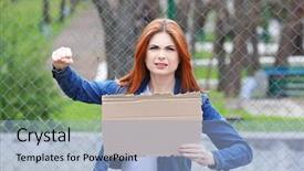  Presentation with piece of the pie - Colorful slide deck enhanced with protestant reformation - protesting young woman holding piece backdrop and a light blue colored foreground