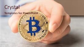  Presentation with money bitcoin crypto currency gold - PPT layouts with protocol - hand with golden bitcoin closeup background and a lemonade colored foreground