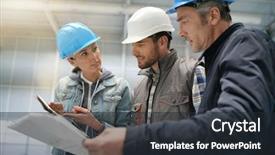  Presentation with warehouse - Presentation design consisting of protocol - team of construction workers talking background and a wine colored foreground