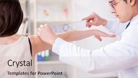  Presentation with joint - Slides with protractors - doctor checking patients joint flexibility background and a soft green colored foreground