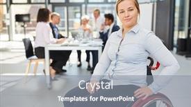  Presentation with team meeting - Presentation theme having proud-businesswoman-in-a-wheelchair background and a gray colored foreground