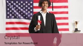  Presentation with proud american - Presentation design featuring proud-male-african-american-student background and a violet colored foreground