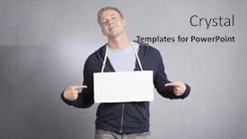 Presentation with signboard - Audience pleasing theme consisting of proud-smiling-man-pointing-fingers backdrop and a light gray colored foreground