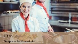  Presentation with cook chef - Slide deck featuring proud-woman-chef-cook background and a coral colored foreground