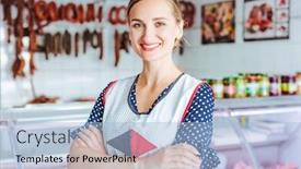  Presentation with butcher shop - Audience pleasing slide set consisting of proud-woman-selling-meat backdrop and a light blue colored foreground