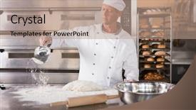  Presentation with baker kneading dough homemade bread - Beautiful presentation theme featuring prove - baker working with scoop backdrop and a coral colored foreground