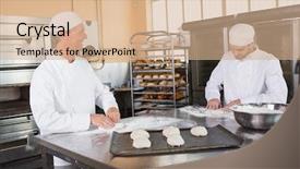  Presentation with dough - Slide deck featuring prove - team of bakers preparing dough background and a coral colored foreground