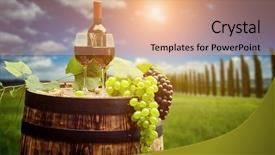  Presentation with wine green - Beautiful slide set featuring pruduction - red wine with barrel backdrop and a  colored foreground
