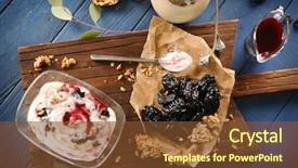  Presentation with organic coconut yogurt in wooden - Audience pleasing slide set consisting of prune - bowl with delicious yogurt backdrop and a tawny brown colored foreground