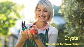  Presentation with female empowerment - Slide set featuring prune - happy female gardener holding pruning background and a tawny brown colored foreground