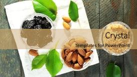  Presentation with almonds - Slide deck enhanced with prunes and almonds in glasses with leaves on wooden table top view background and a yellow colored foreground