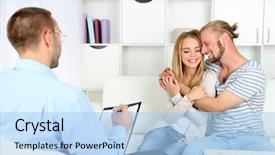  Presentation with family therapy - Presentation theme with psicoanalisis - young happy couple after therapy background and a light blue colored foreground