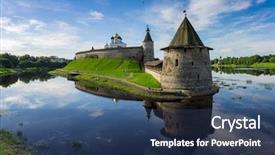  Presentation with medieval philosophy - Slide deck having pskov kremlin on island russia background and a ocean colored foreground