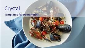  Presentation with white wine and red - Beautiful presentation design featuring psy - mussel with white wine sauce backdrop and a sky blue colored foreground