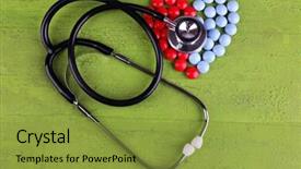  Presentation with pills - Colorful presentation design enhanced with psychiatric drugs - heart of pills and stethoscope backdrop and a gold colored foreground