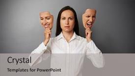  Presentation with masks - PPT theme featuring psychic mind - serious woman holding two masks background and a light gray colored foreground