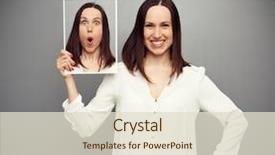  Presentation with young business woman smile show - Colorful presentation theme enhanced with psychic mind - young smiley woman hiding her backdrop and a lemonade colored foreground