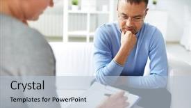  Presentation with sharing - Presentation design featuring psychology - man sharing problems with psychologist background and a light blue colored foreground