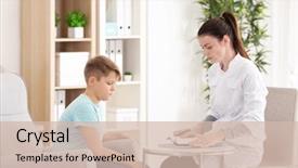  Presentation with psychology - PPT theme enhanced with lifestyles health psychology - overweight boy at nutritionist's office background and a soft green colored foreground