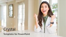  Presentation with medical concept - Colorful slide set enhanced with psychology winning - young woman wearing medical coat backdrop and a  colored foreground