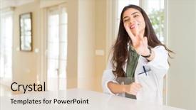  Presentation with medical smiling doctor - Audience pleasing PPT theme consisting of psychology winning - young woman wearing medical coat backdrop and a  colored foreground