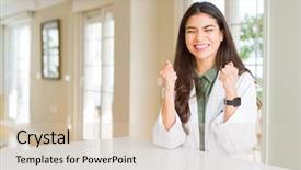  Presentation with hormone therapy medical concept - Slide set consisting of psychology winning - young woman wearing medical coat background and a  colored foreground