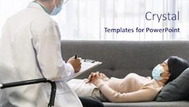  Presentation with patience - Cool new PPT layouts with psychotherapist-doctor-visting-patience-house backdrop and a sky blue colored foreground