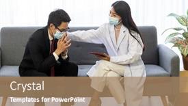  Presentation with consult - Colorful presentation theme enhanced with psychotherapist-female-doctor-visting-patient backdrop and a coral colored foreground