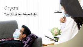  Presentation with consult - Cool new PPT theme with psychotherapist-female-doctor-visting-patient backdrop and a white colored foreground