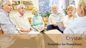  Presentation with group therapy - Colorful presentation theme enhanced with psychotherapist-in-group-therapy backdrop and a coral colored foreground