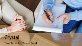  Presentation with psychotherapy - Slide deck with psychotherapy - depressed patient sitting nervously background and a coral colored foreground