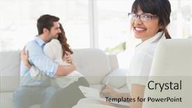  Presentation with patients - Slide set having psychotherapy - smiling therapist with patients hugging background and a light gray colored foreground