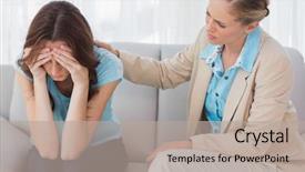  Presentation with psychotherapy - Slide deck with psychotherapy - worried woman being comforted background and a mint green colored foreground