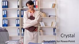  Presentation with office ergonomics man worker exercising - Presentation theme enhanced with psychotic - crazy young man in straitjacket background and a light gray colored foreground