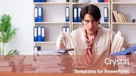  Presentation with office ergonomics man worker exercising - Presentation theme having psychotic - crazy young man in straitjacket background and a coral colored foreground