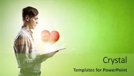  Presentation with heart book - Slide set enhanced with psycology - young man with opened book background and a yellow colored foreground