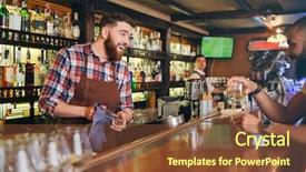  Presentation with pub - PPT theme consisting of pub - cheerful bearded young barman laughing background and a tawny brown colored foreground
